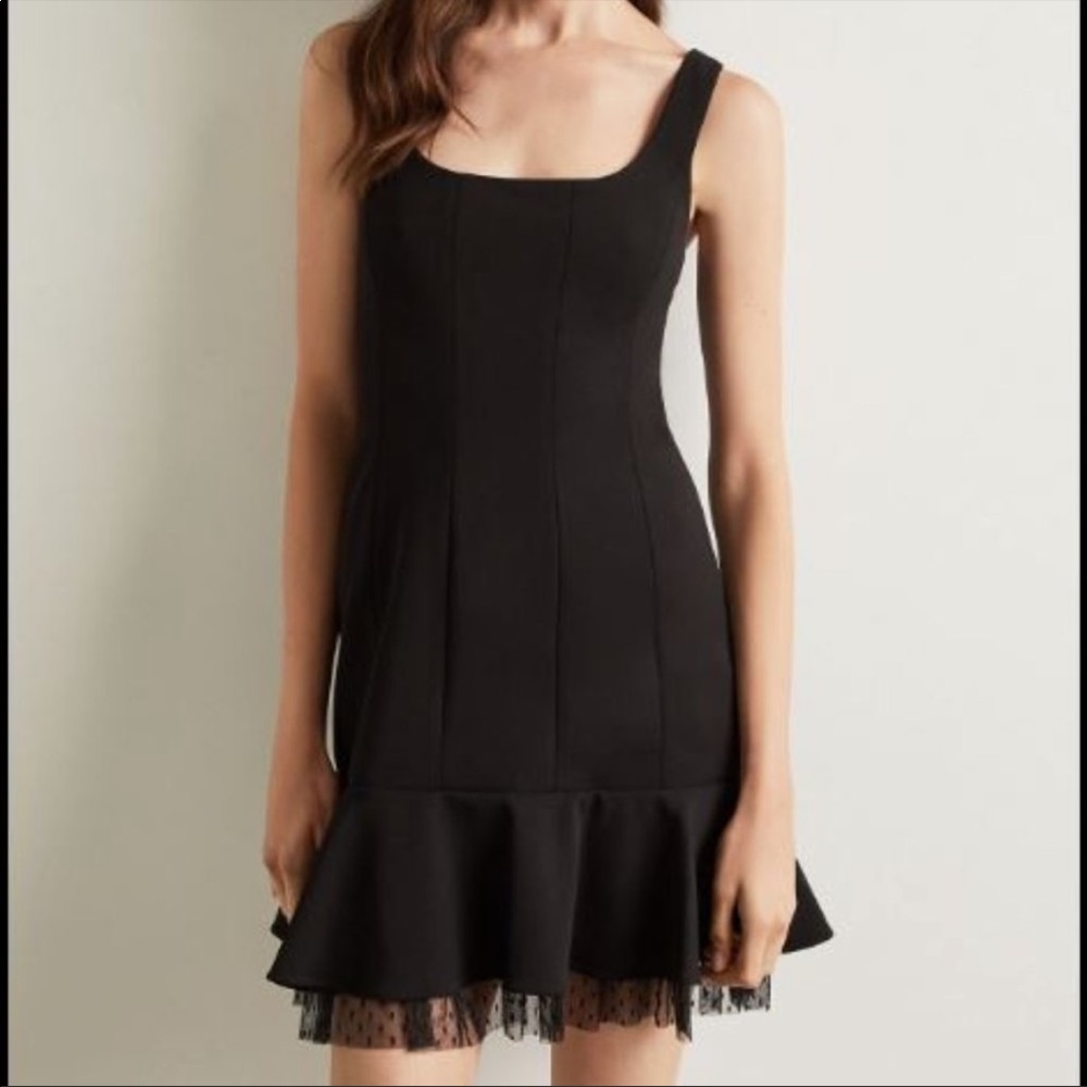 BCBGMaxAzria Crepe Scoop Neck Fluted Lace Hem Dress NWT